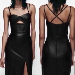 Zara XS Black Faux Leather Cutout Midi Dress Strappy Back Edgy Night Out Goth